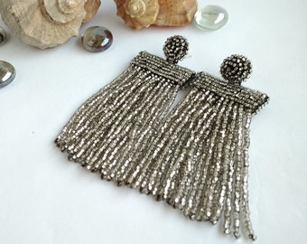 Large tassel silver beaded earrings Big chunky waterfall grey earrings Oscar de la Renta chandelier earrings Long dangle bridal earrings