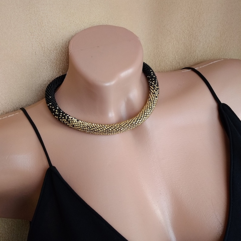 Black and gold chunky crochet beaded necklace Beadwork hotsell jewelry Everyday crochet rope wire Choker jewelry Gift for woman office necklace