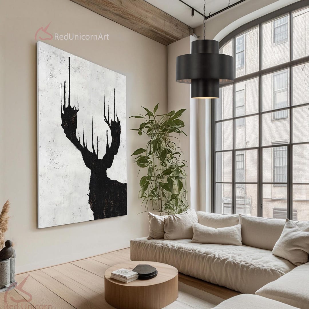 Oversized Abstract Deer Painting on Canvas | Black and White Animal ...