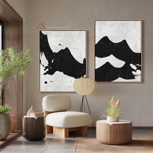 Large Set of 2 Abstract Ocean Wave Paintings - Bold Minimalist Canvas Art with Thick Textures | By Ethan Hill