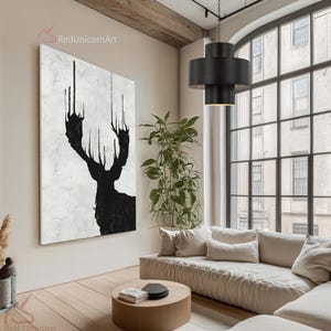 Oversized Abstract Deer Painting on Canvas - Black and White Animal Wall Art | &quot;Echoing Steps&quot; By Ethan Hill