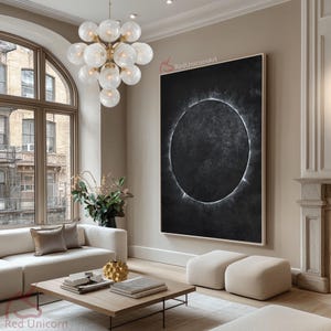 Dipinto su tela con eclissi solare / Grande arte murale minimalista con paesaggio