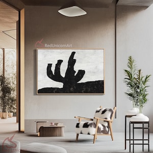 Minimalist Cacti Canvas Art - Handmade Botanical Painting with Thick Textures | &quot;Nocturnal Blossom&quot; By Ethan Hill