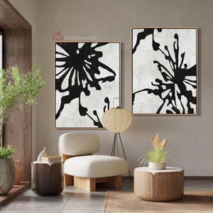 Oversized Set of 2 abstract flower painting - Bold Minimalist Canvas Art with Thick Textures | &quot;Ink Blossom&quot; By Ethan Hill