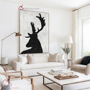 Oversized Abstract Deer Painting on Canvas - Black and White Animal Wall Art | &quot;Echo of the Wild&quot; by Ethan Hill