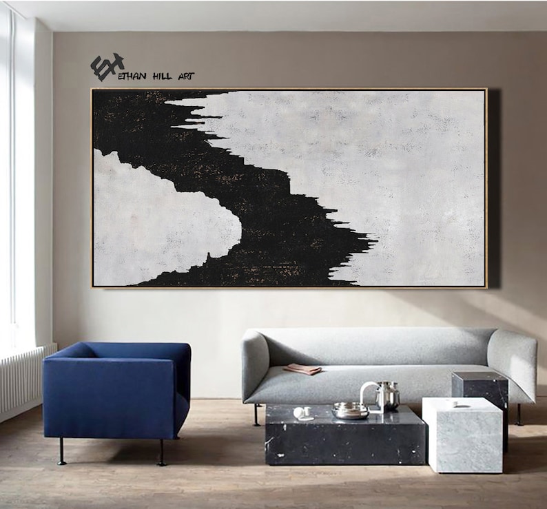 Horizontal Wall Art Canvas Painting Minimal Art Black White Etsy