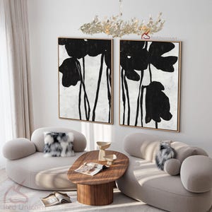 Set of 2 Minimalist Flower Wall Art - Original Abstract Canvas Art for Modern Living Spaces |  &quot;Noir Blossom Pair I&quot; By Ethan Hill