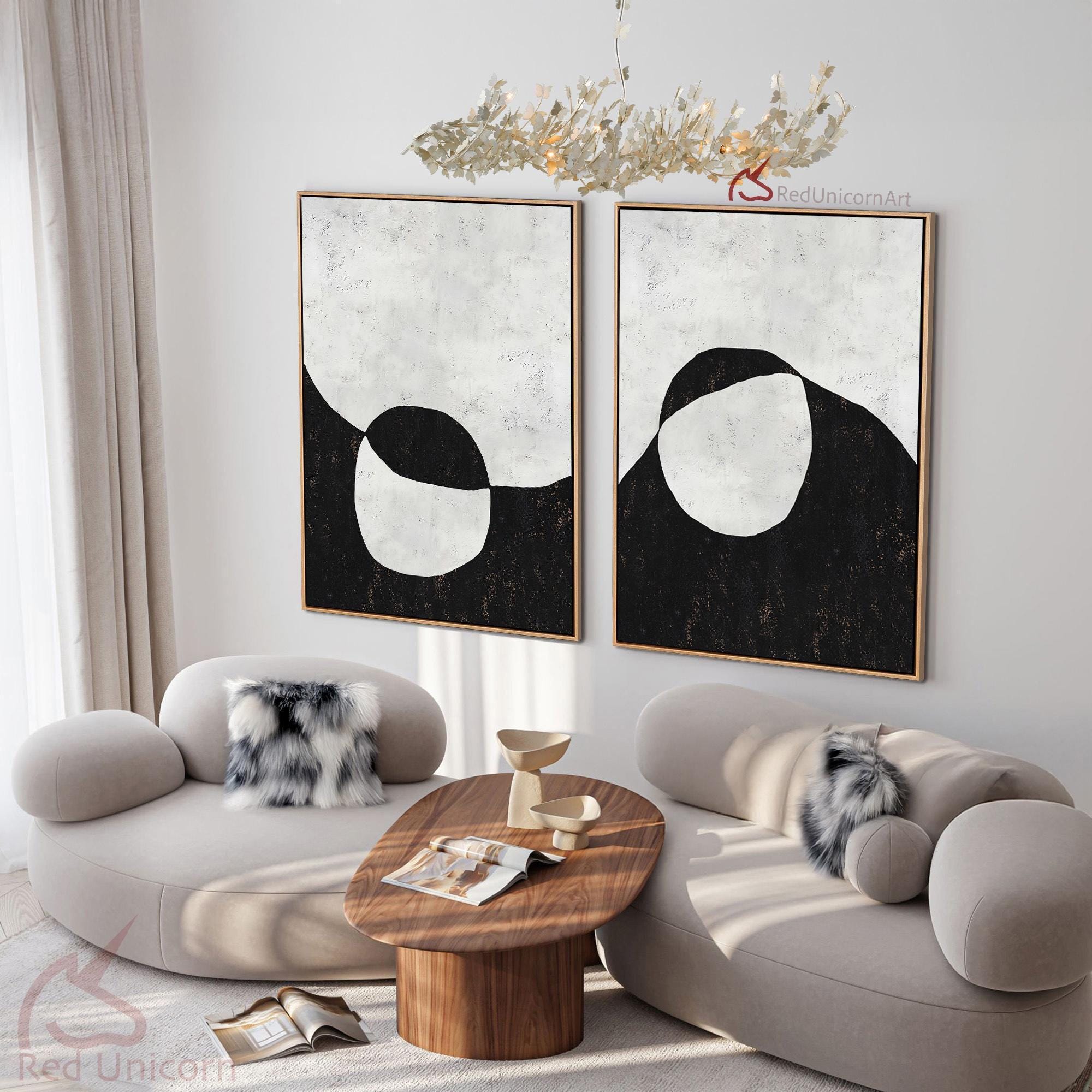 Large Abstract Landscape Painting Set | Black and White Textured Wall ...