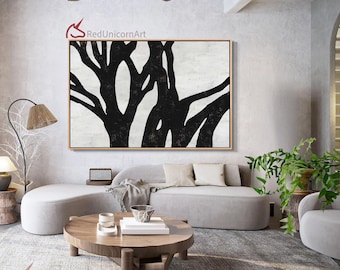 Horizontal Minimalist Painting | Black and White Tree Branches Canvas Wall Art