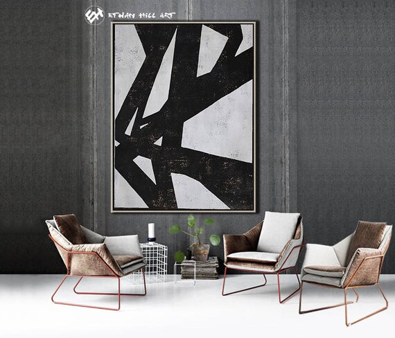 Black White Canvas Art Large Geometric Art Vertical Wall Art Etsy