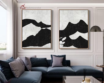 Abstract Landscape Canvas Painting Set | Minimalist Ocean Wave and Rolling Mountains Art