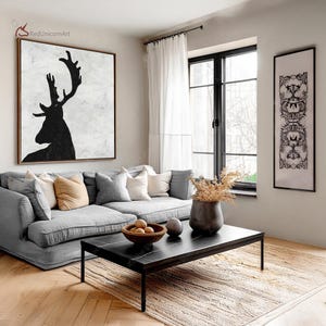 Oversized Abstract Deer Painting on Canvas - Black and White Animal Wall Art | &quot;Echo of the Wild&quot; by Ethan Hill