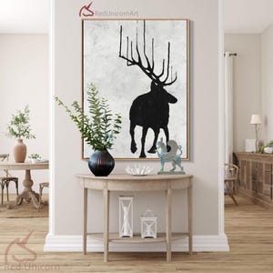 Oversized Abstract Deer Painting on Canvas - Black and White Animal Wall Art | &quot;Echoing Steps II&quot; by Ethan Hill