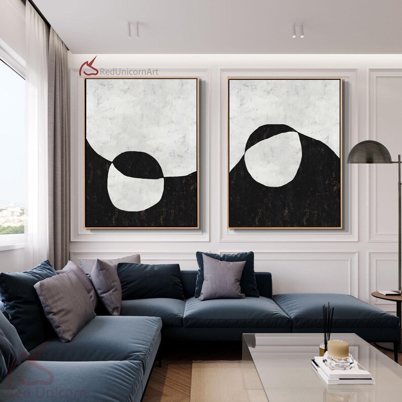 Large Abstract Landscape Painting Set | Black and White Textured Wall ...