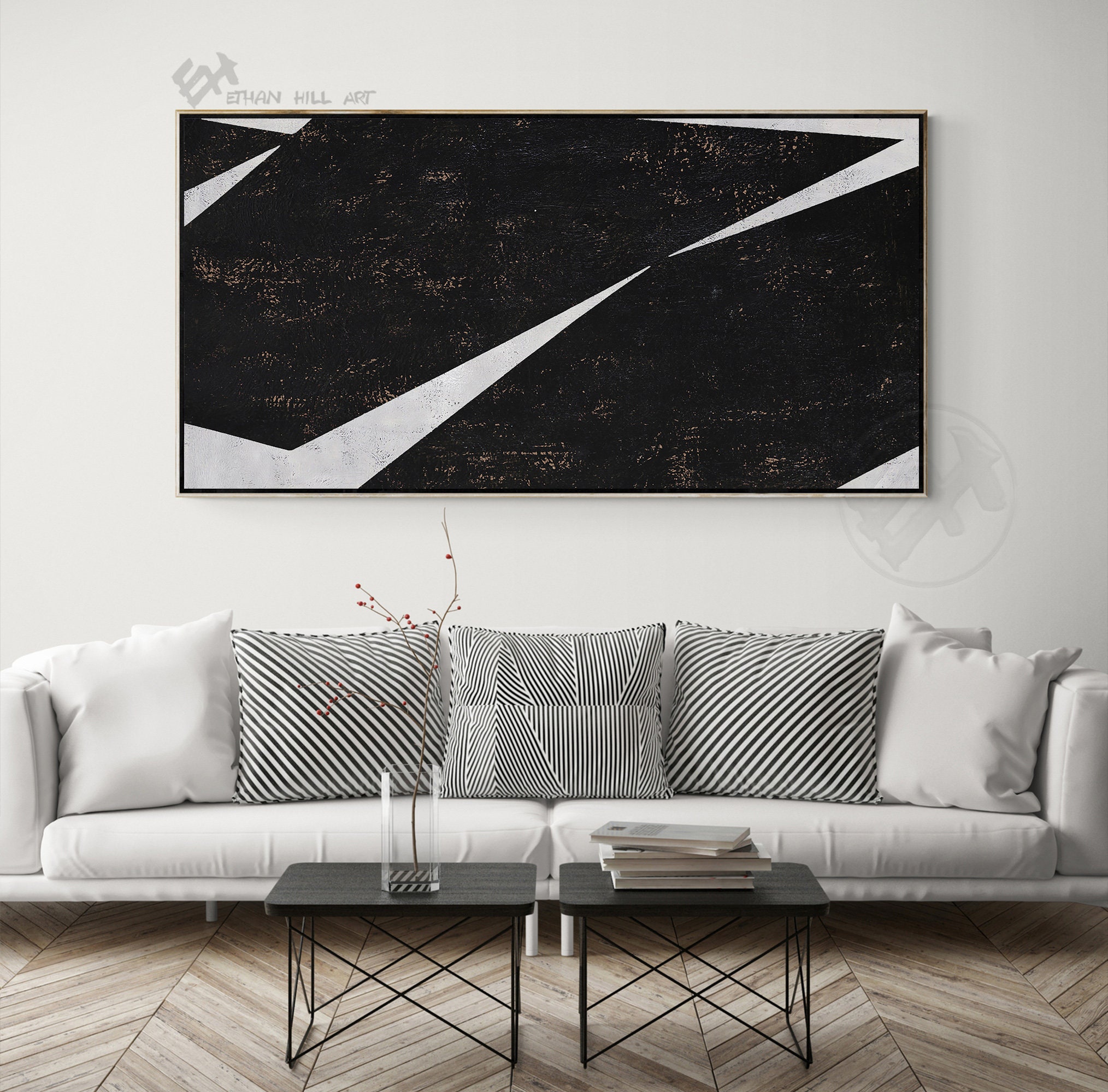 Horizontal Wall Art Canvas Painting Minimal Art Black White | Etsy