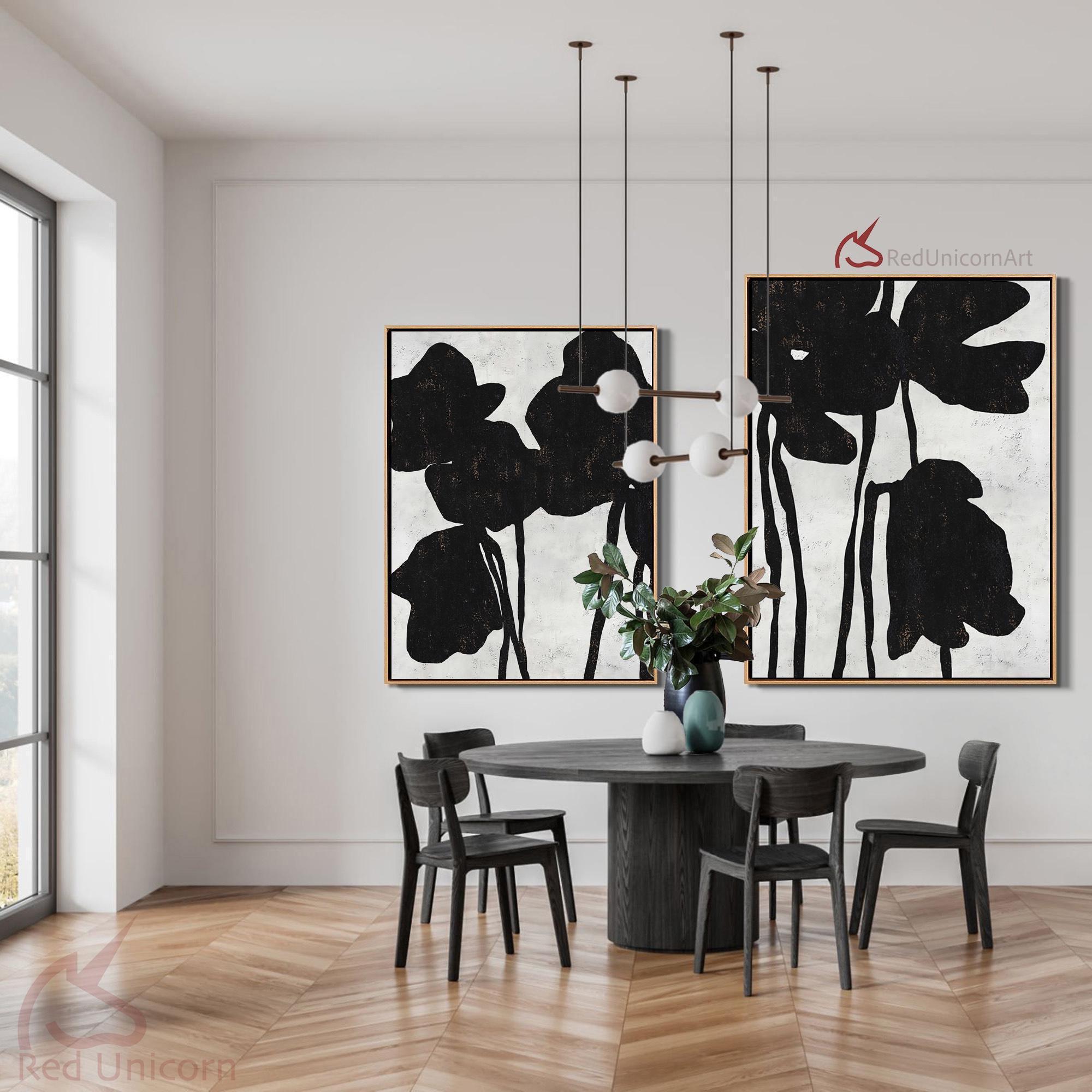Black White Abstract Flower Canvas Painting Pair | Monochrome Modern ...