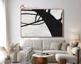 Oversized Abstract Tree Branches Wall Art | Original Black and White Canvas Painting