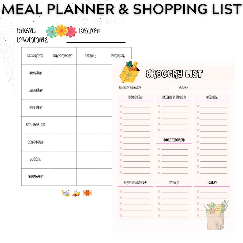 Weekly Meal Planner Printable Template Accompanied By A Grocery List Template