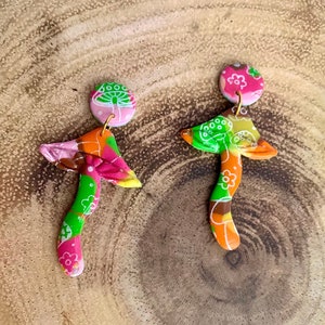 Psychedelic Toadstool Mushy Earrings - dangle drop polymer clay - lightweight studs