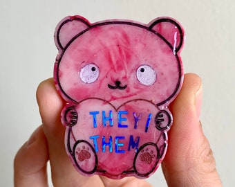 Custom Pronoun Bear Pin | Handmade Resin Pride Badge