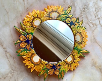 Sunflower Resin Wall Mirror on chain - flower power wall art, handmade with love