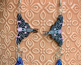Double Luna Moth Dangle Drop Resin Earrings - celestial aesthetic metal charms