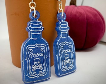 Magic Potion Poison Bottle resin Earrings - dangle-drop, witch wizard spooky skull and cross bones