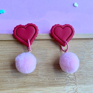 Frilly Heart Studs - three-tier hearts or single with pompom - lightweight polymer clay earrings,