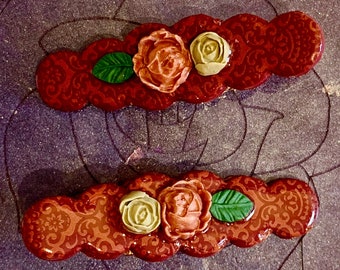 Art Deco Rose Hair Clip Set - polymer clay damask alligator grip, bubble cloud shape