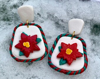 Poinsettia Christmas Winter Clay Stud Dangle Earrings - handmade, unique stocking filler gift - clip-on or pierced