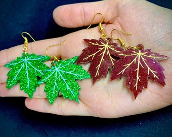 Autumn Fall Maple Leaf Dangly Earrings, nature lover resin leaves perfect gift