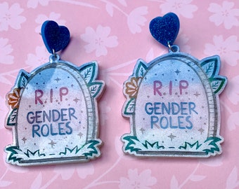 RIP Gender Roles Resin Gravestone Earrings - anti-patriarchy female, non-binary, trans empowerment