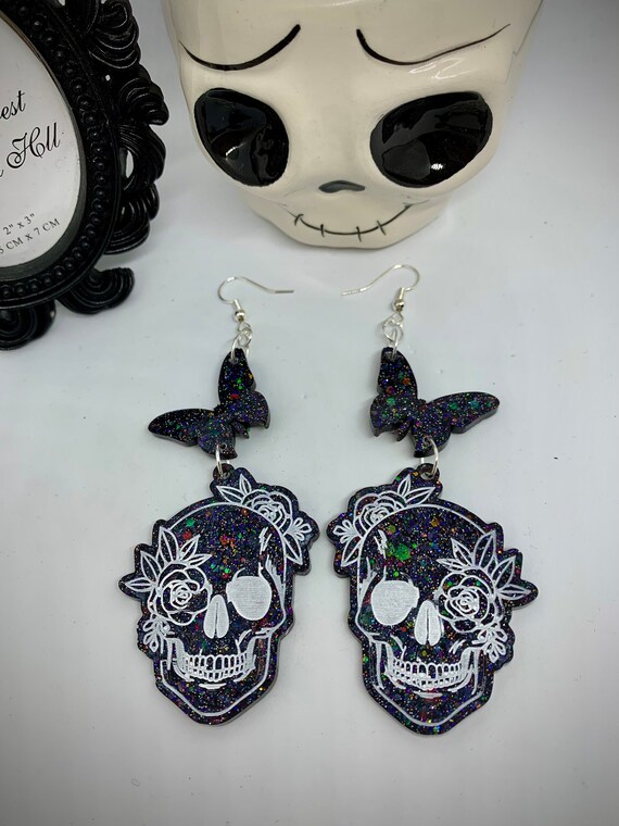 Floral Skull Butterfly Resin Earrings: Gothic Grunge Jewelry