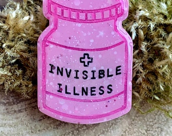 Pin de concienciación sobre enfermedades invisibles: Insignia de frasco de pastillas de resina hecha a mano