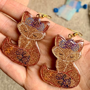 Mooie herfst/herfst Fox hars bungelende oorbellen - bloemenhoofdbanden, schattig en glitterend