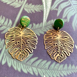 Gold Brass Monstera Leaf Stud Dangle Earrings - polymer clay stud tops, lightweight boho jewellery