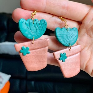 Rose Gold & Teal Flower Pot Clay Earrings - handmade textured, shimmery dangly hooks