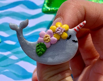 Norbert Narwhal Cute Beaded Necklace | Y2K 90s Kawaii Clay Pendant | Handmade Flower Power Style