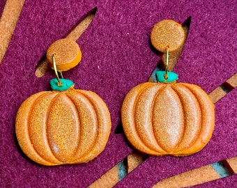 Cute Holo Glitter CLAY Pumpkin Earrings - studs or dangles, spooky halloween fun jewellery