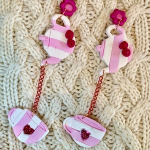 Polymer Clay Tea for Two Dangly Earrings - stripey pink & white, kawaii teacup and teapot stud pair