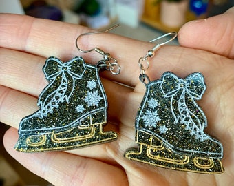 Ice-skates Resin Dangly Earrings, Winter Fun, kawaii big bow detail