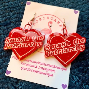 Smash The Patriarchy Resin Heart Earrings / Necklace - dangle drop ball studs, Pro-Roe, anti opression, intersectional feminist