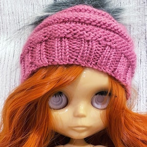 Blythe doll knitted beanie hat with a pompom, mulberry color.