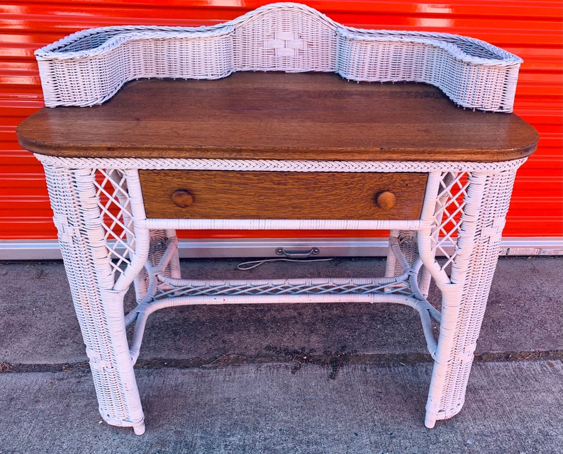 Antique White Wicker Desk With Oak Top Etsy