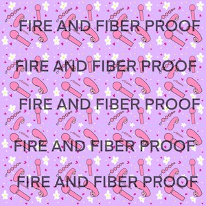 May include: A repeating pattern on a lavender background featuring pink vibrators, microphones, and chain-like elements. White flowers and small pink hearts are scattered throughout. The text "FIRE AND FIBER PROOF" is printed across the image.