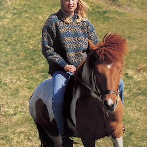 Puede incluir: Una persona con gorro azul y un suéter estampado monta a caballo marrón y blanco por un campo de hierba. El suéter presenta un diseño geométrico en tonos azules y dorados. El caballo tiene una larga melena.