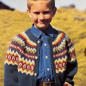 Può includere: Un bambino piccolo che indossa un cardigan blu a maglia con un motivo geometrico colorato. Il cardigan ha una chiusura con bottoni sul davanti ed è indossato sopra una camicia blu con bottoni. Il bambino sorride e ha i capelli corti e castano chiaro.