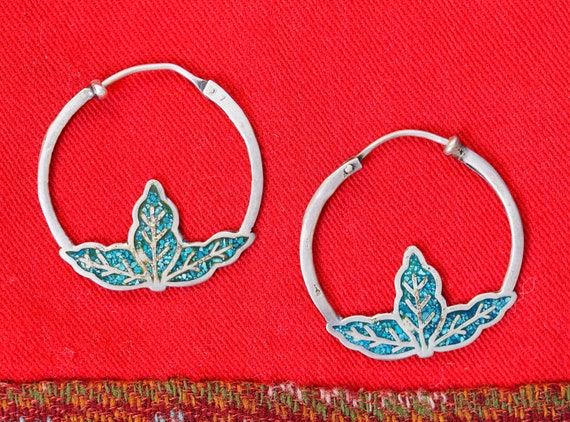 Green Turquoise, Leaf Hooped, Sterling Silver Ear… - image 2