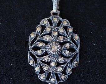 Romantic Antique, Silver Rhinestone Pendant. Antique Jewelry