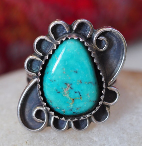 Turquoise Teardrop Ring, Sawtooth Bezel, Framed i… - image 1